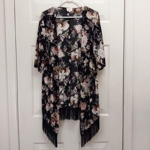 Floral Kimono Open Front Cardigan Black Large Fringe Boho Coverup